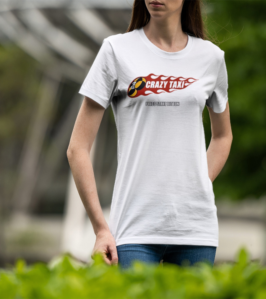 Crazy Taxi Press Start Button Iconic Video Game Flames Graphic T-Shirt