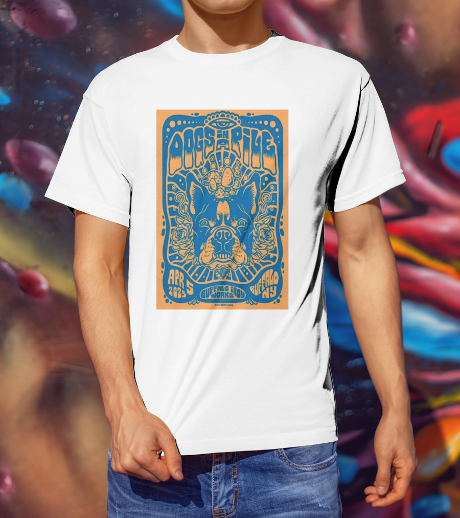 Dogs In A Pile Buffalo Iron Works NY April 5 2025 Psychedelic Bulldog Concert Art By Matt Leunig T-Shirt