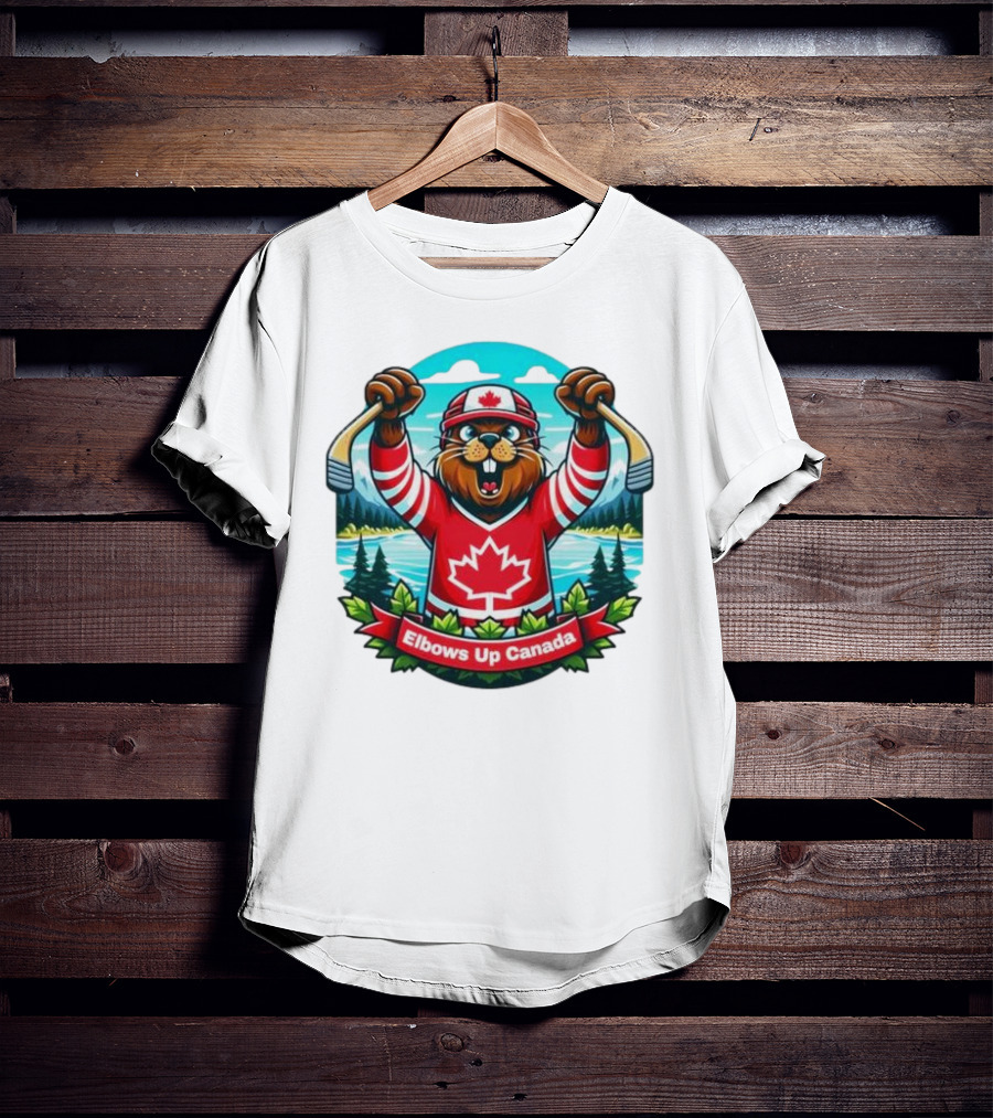 Elbows Up Canada Beaver Mascot Hockey Celebration Canadian Maple Leaf Forest T-Shirt