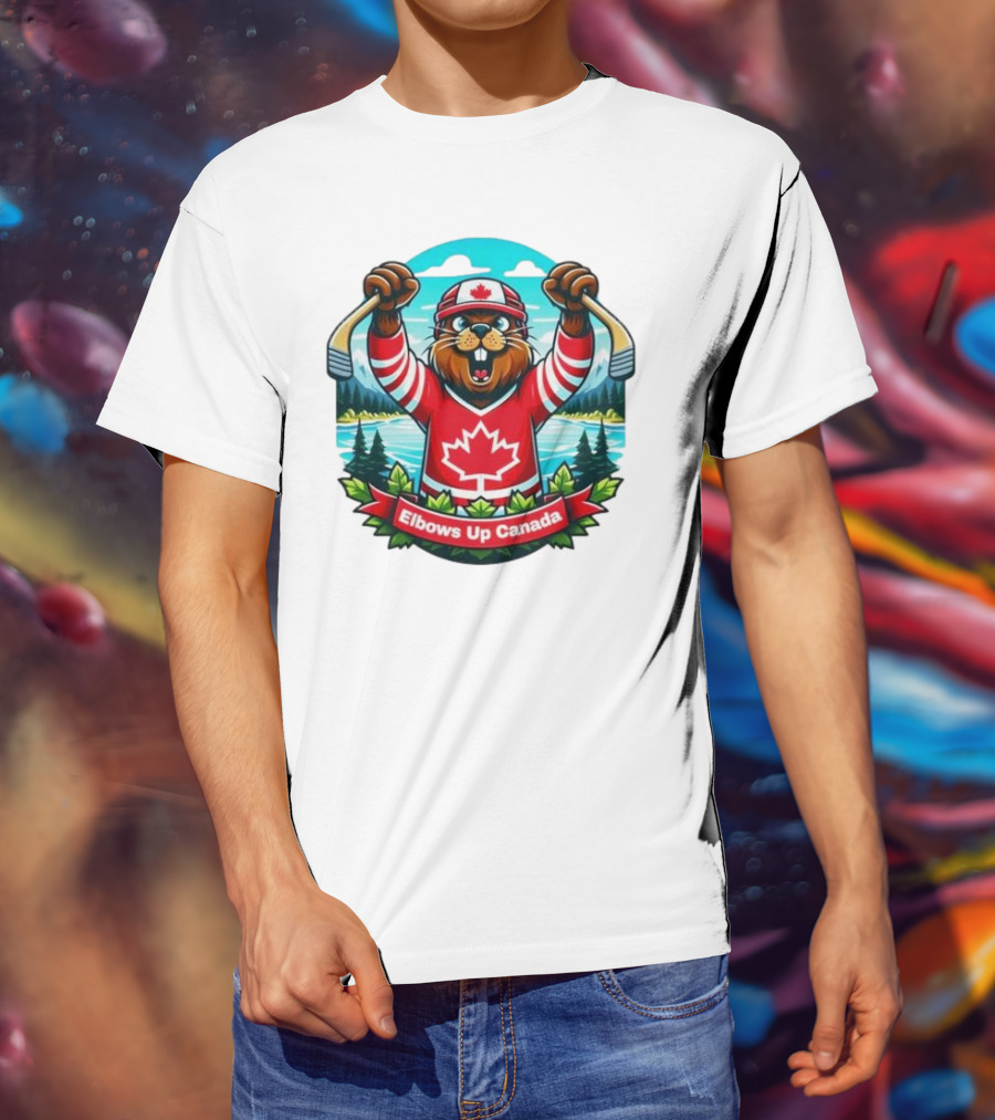 Elbows Up Canada Beaver Mascot Hockey Celebration Canadian Maple Leaf Forest T-Shirt