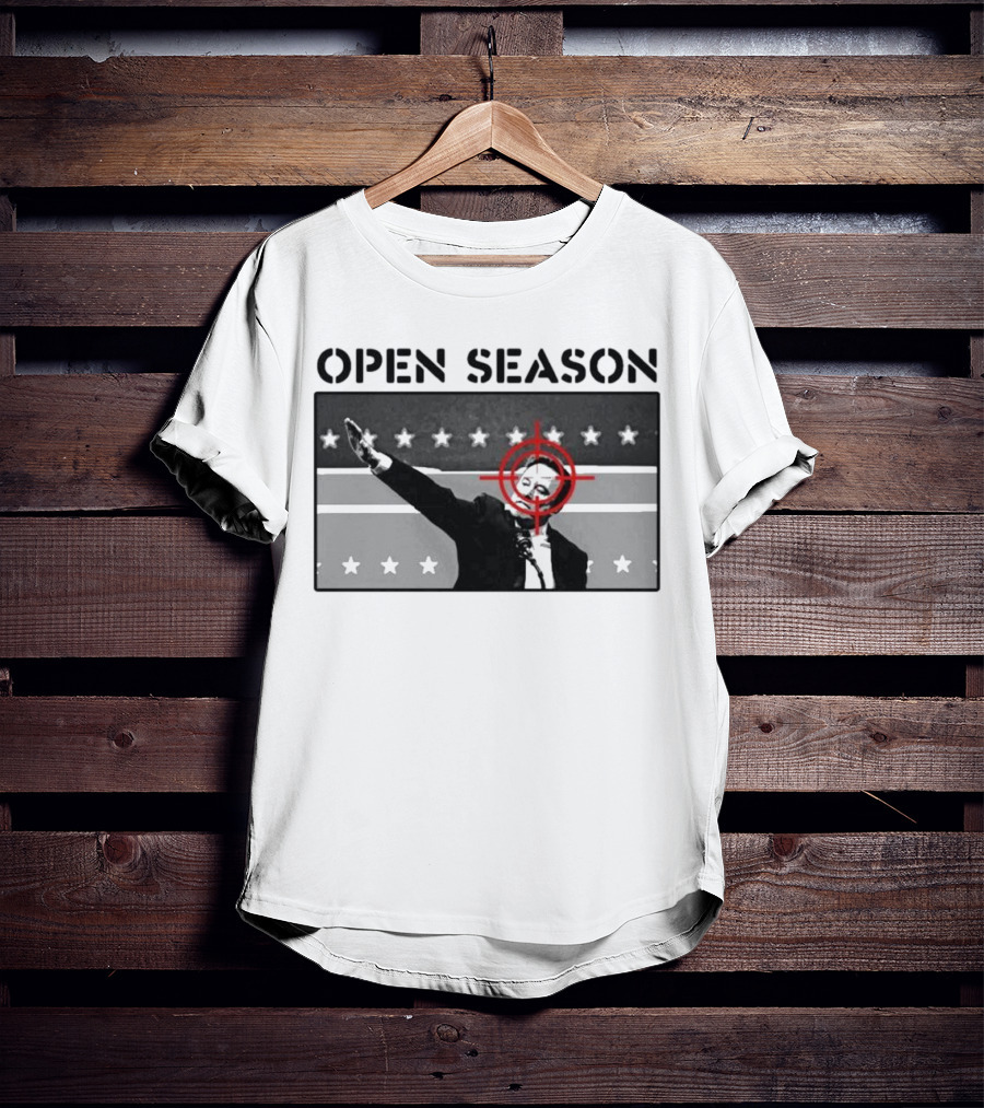 Unrecognizable Figure With Target Overlay Open Season Text T-Shirt