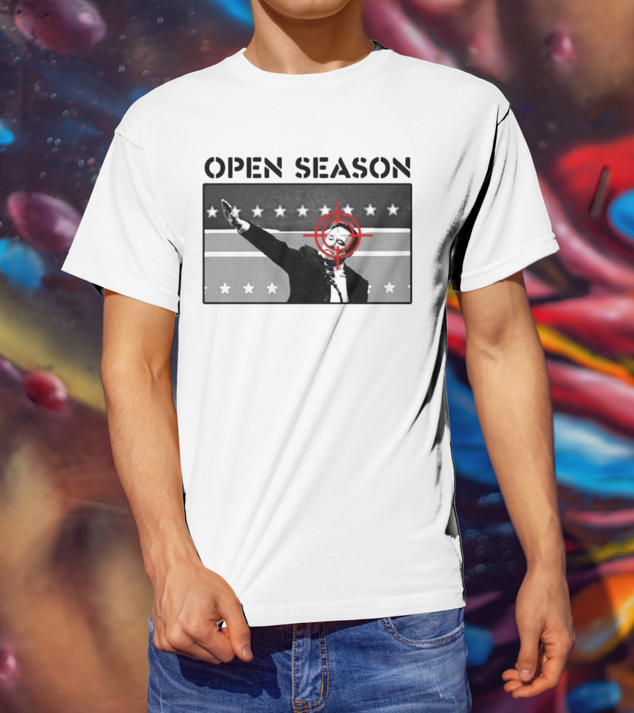 Unrecognizable Figure With Target Overlay Open Season Text T-Shirt
