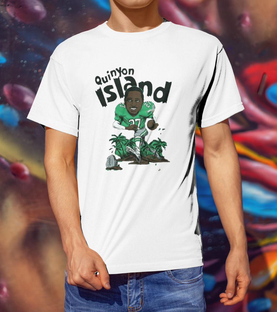 Quinyon Island Eagle 27 Football Player Running With Palm Trees And Rocks T-Shirt
