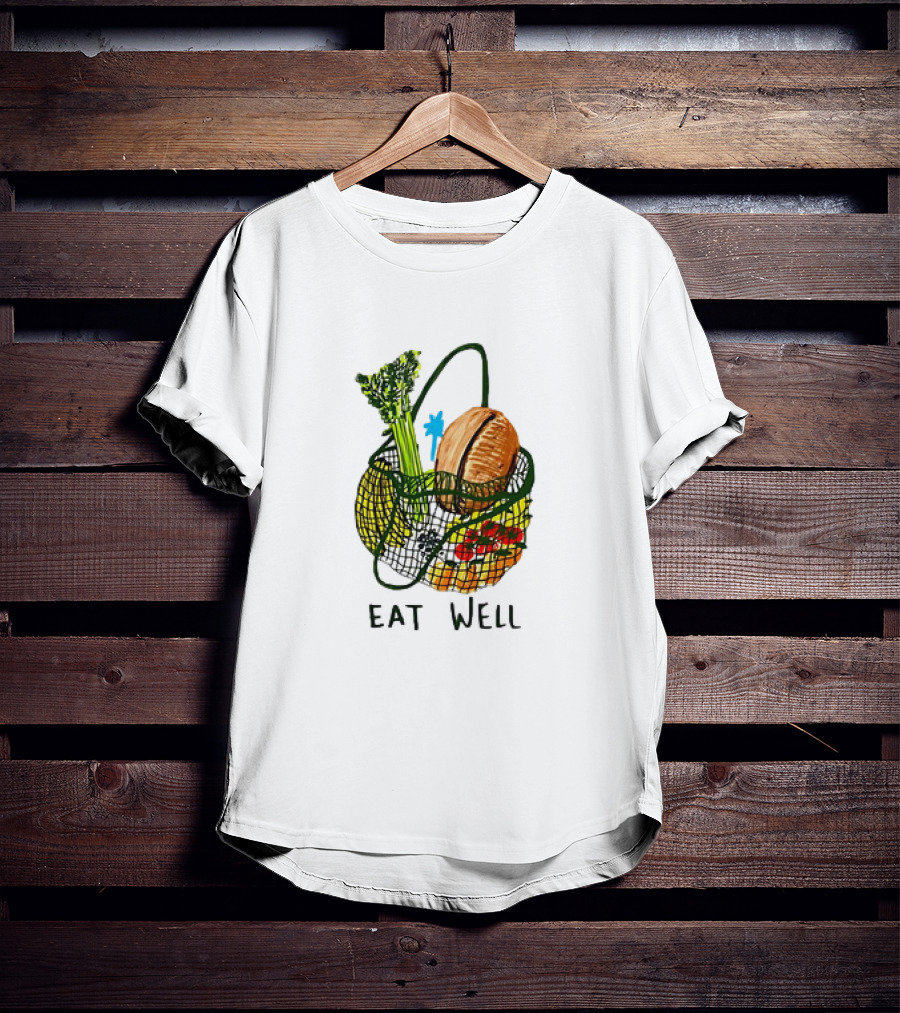 Eat Well Groceries In Mesh Bag With Baguette Broccoli Tomato T-Shirt