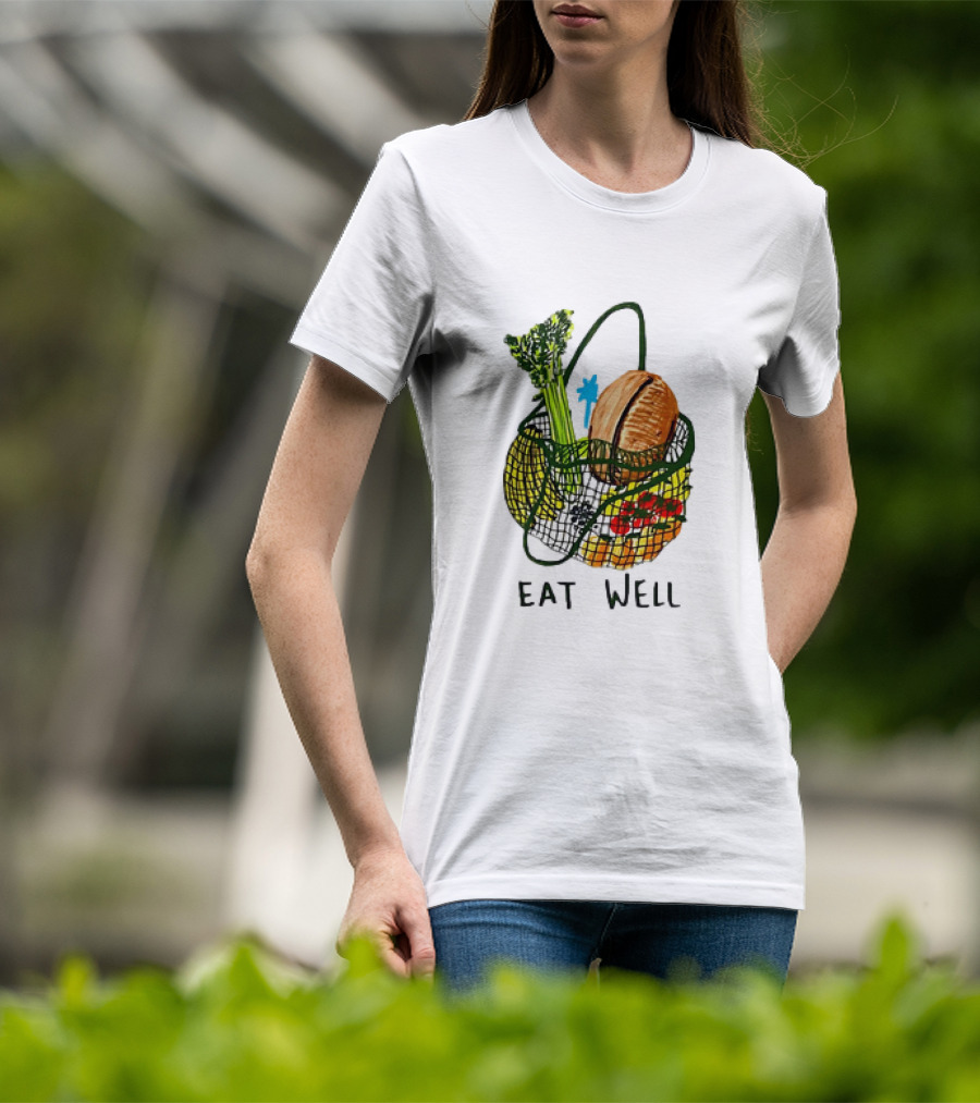 Eat Well Groceries In Mesh Bag With Baguette Broccoli Tomato T-Shirt