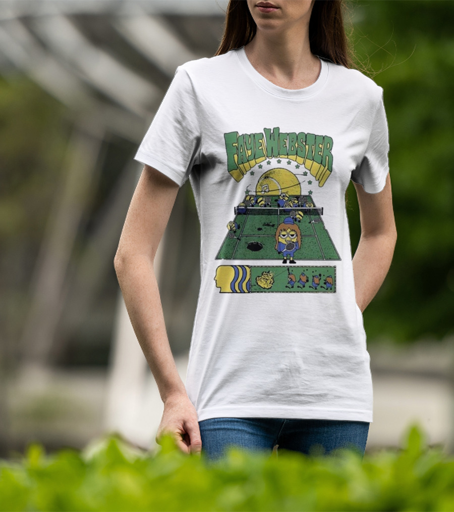 Faye Webster Brain Dead Tennis Court Scene With Yellow Characters And Sports Imagery T-Shirt