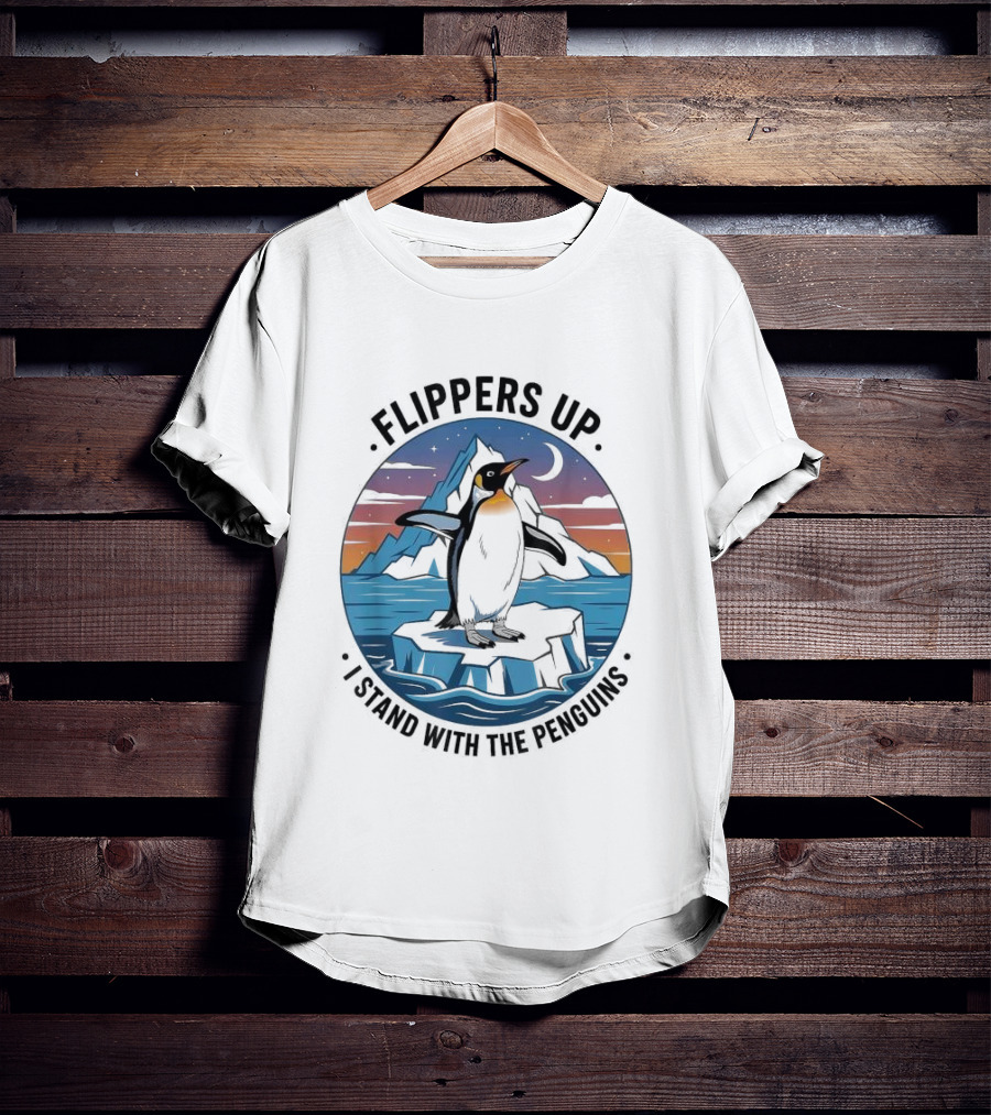 Flippers Up I Stand With The Penguins Iceberg Sunset Scene T-Shirt