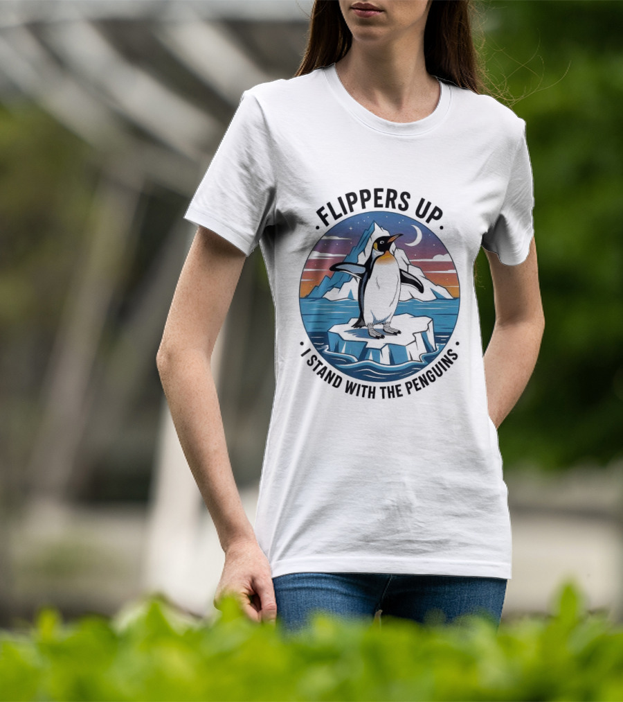 Flippers Up I Stand With The Penguins Iceberg Sunset Scene T-Shirt