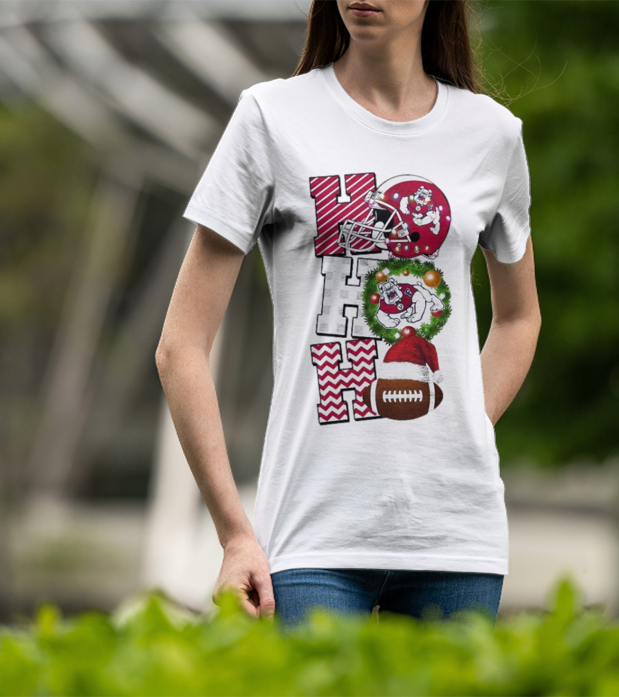 Fresno State Bulldogs Football Christmas Helmet Wreath Santa Hat Rugby T-Shirt