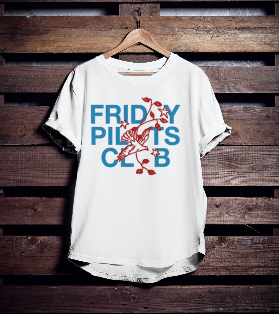 Friday Pilots Club Dove Red Bird Flowers Blue Text T-Shirt