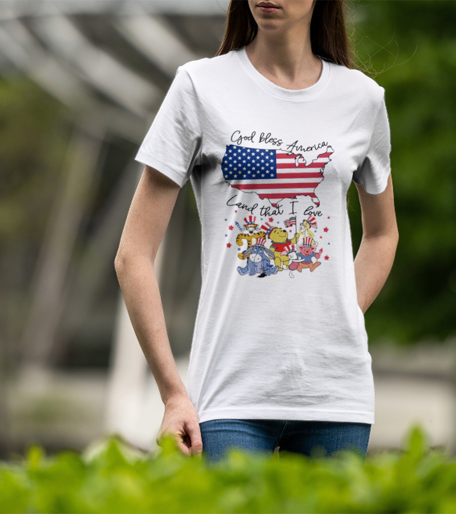God Bless America Land That I Love Winnie The Pooh USA Flag T-Shirt
