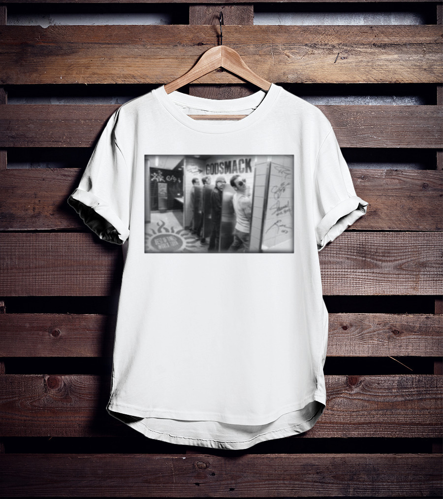 Godsmack Band Autographed Bathroom Photo With Guitar And Sun Symbol T-Shirt