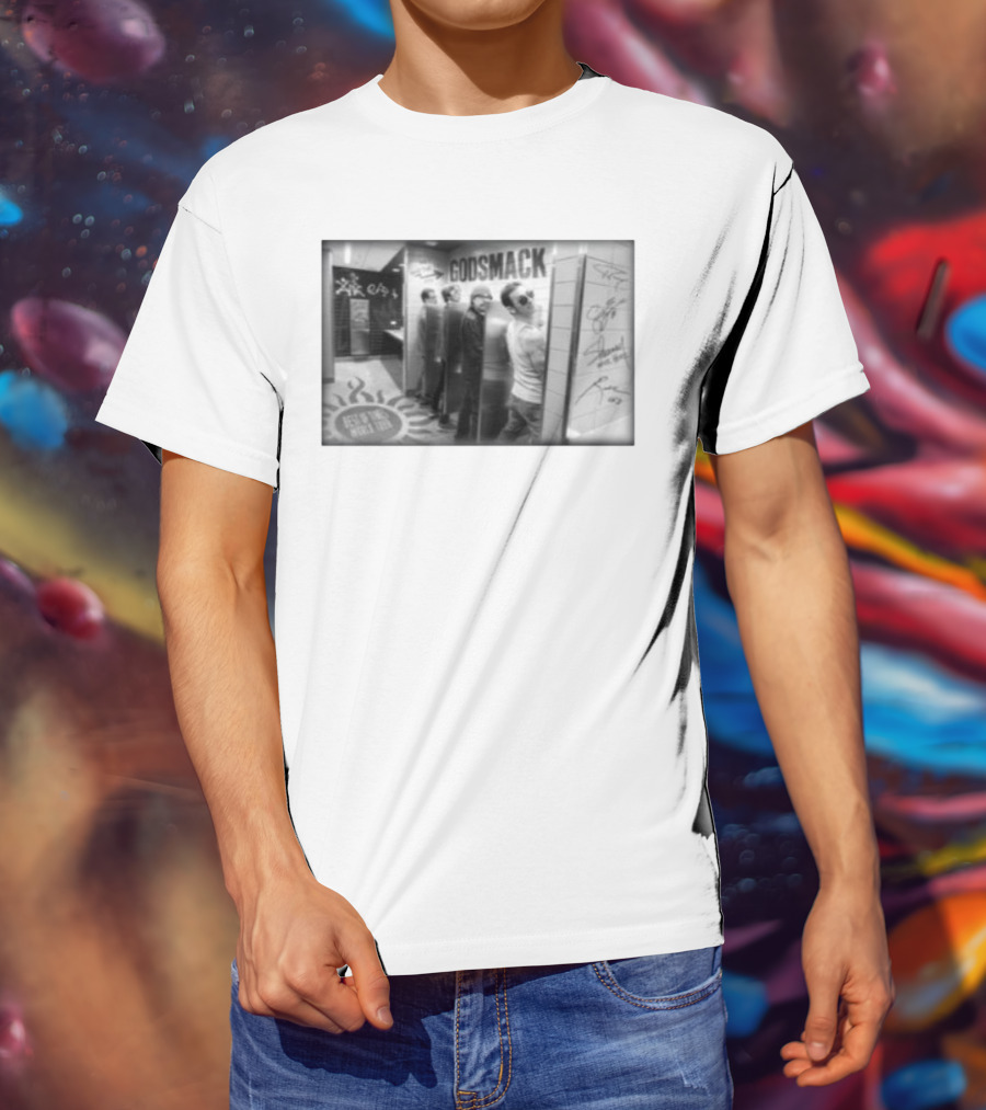 Godsmack Band Autographed Bathroom Photo With Guitar And Sun Symbol T-Shirt
