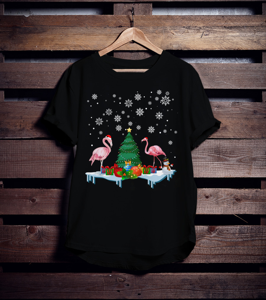 Flamingo Merry Snowflakes Christmas Tree And Santa Hat T-Shirt