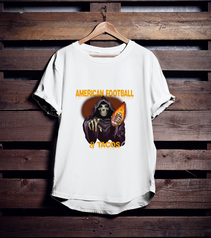American Football And Tacos Skeleton Holding Flaming Football T-Shirt