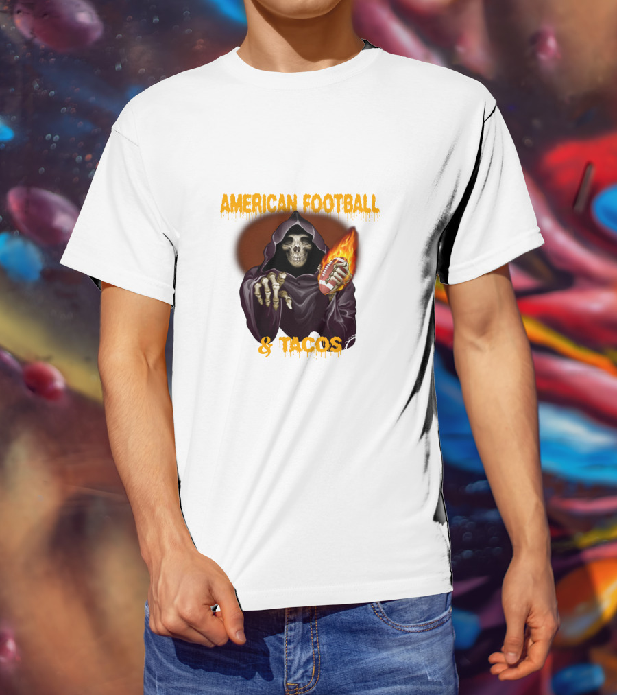 American Football And Tacos Skeleton Holding Flaming Football T-Shirt