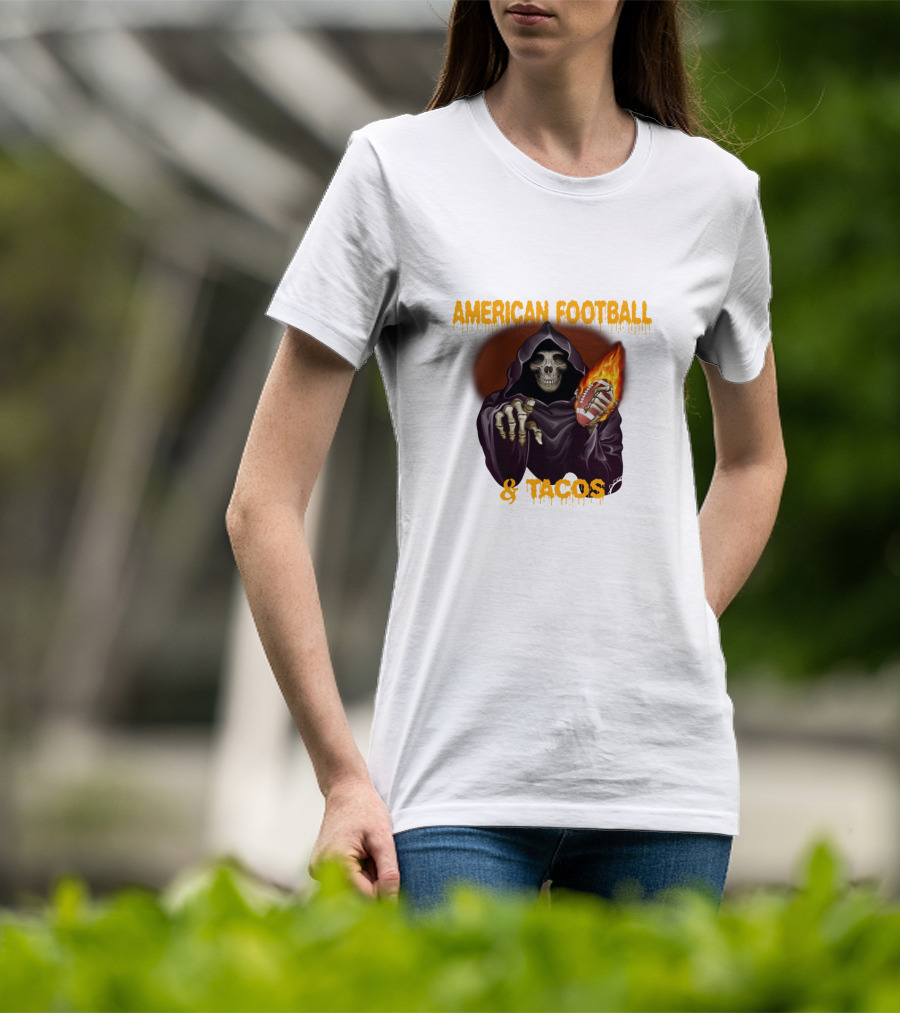 American Football And Tacos Skeleton Holding Flaming Football T-Shirt