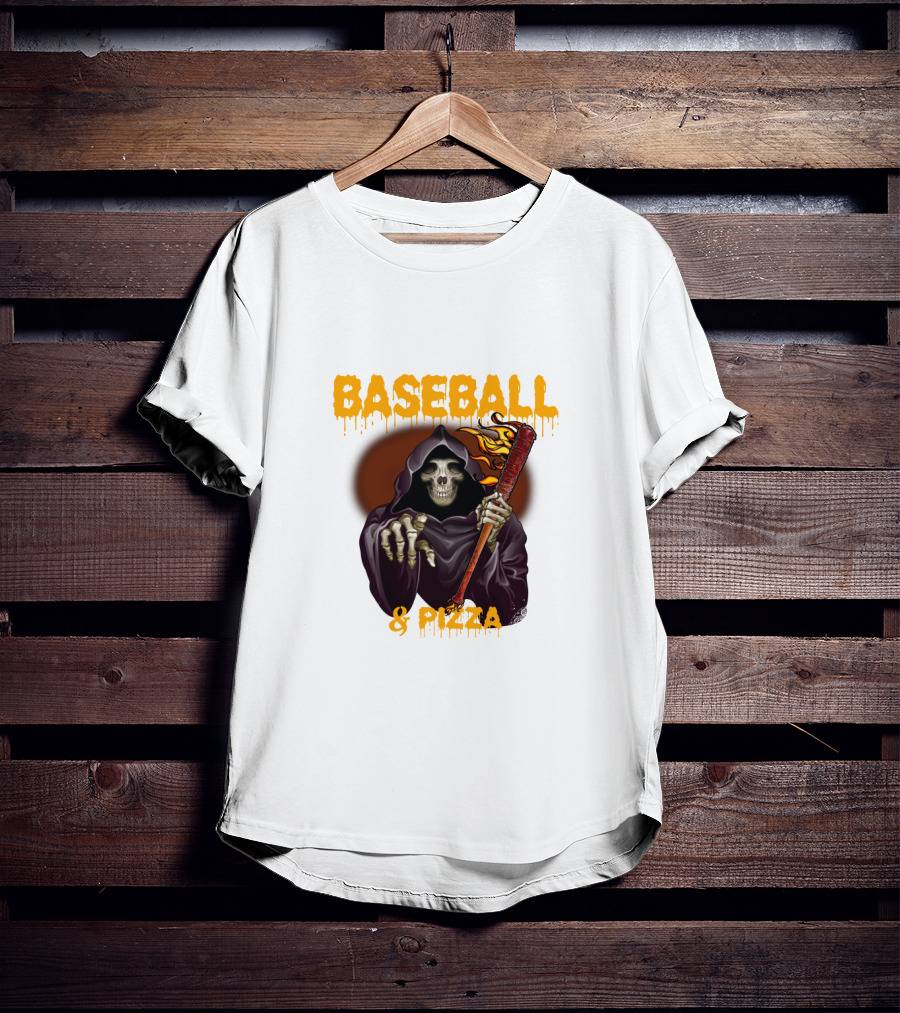 Grim Reaper With Flaming Baseball Bat Celebrates Baseball And Pizza T-Shirt