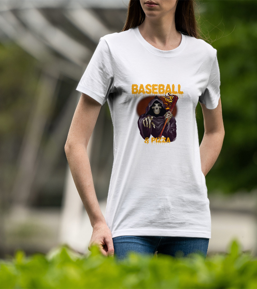 Grim Reaper With Flaming Baseball Bat Celebrates Baseball And Pizza T-Shirt
