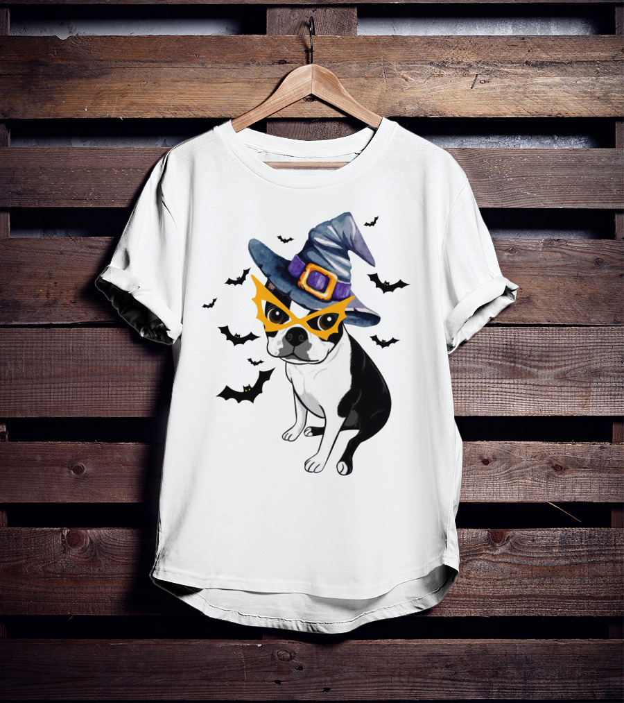 Boston Terrier Wears Witch Hat And Mask With Bats T-Shirt