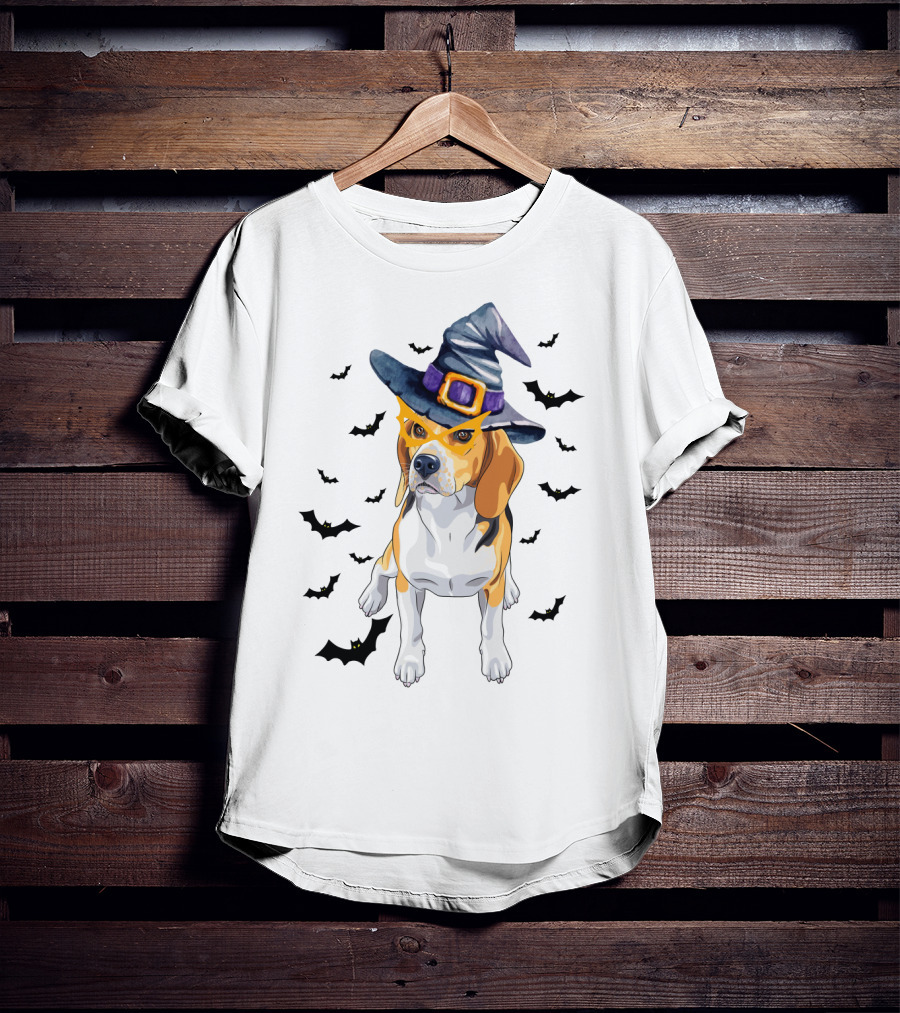 Beagle Wears Halloween Witch Hat Surrounded By Flying Bats T-Shirt