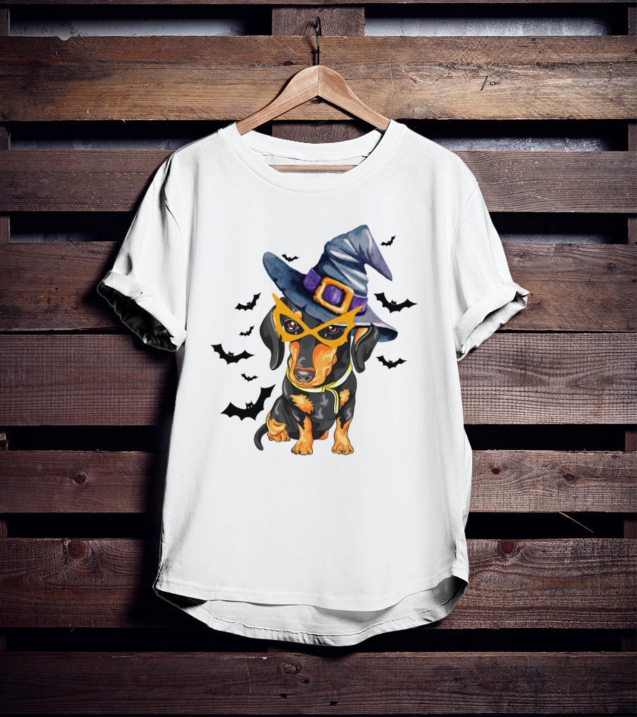 Dachshund Wears Witch Hat And Glasses Surrounded By Bats T-Shirt