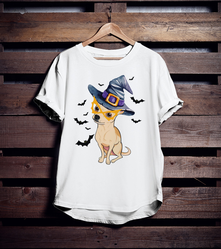 Chihuahua In Witch Hat With Halloween Bats T-Shirt