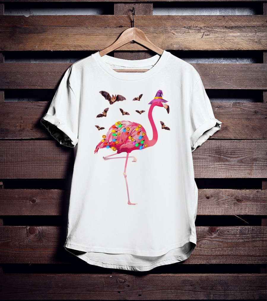 Flamingo In Witch Hat With Halloween Bats And Colorful Lights T-Shirt