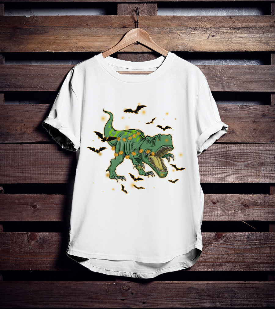 Halloween Saurus Dinosaur With Pumpkin Lights And Flying Bats T-Shirt