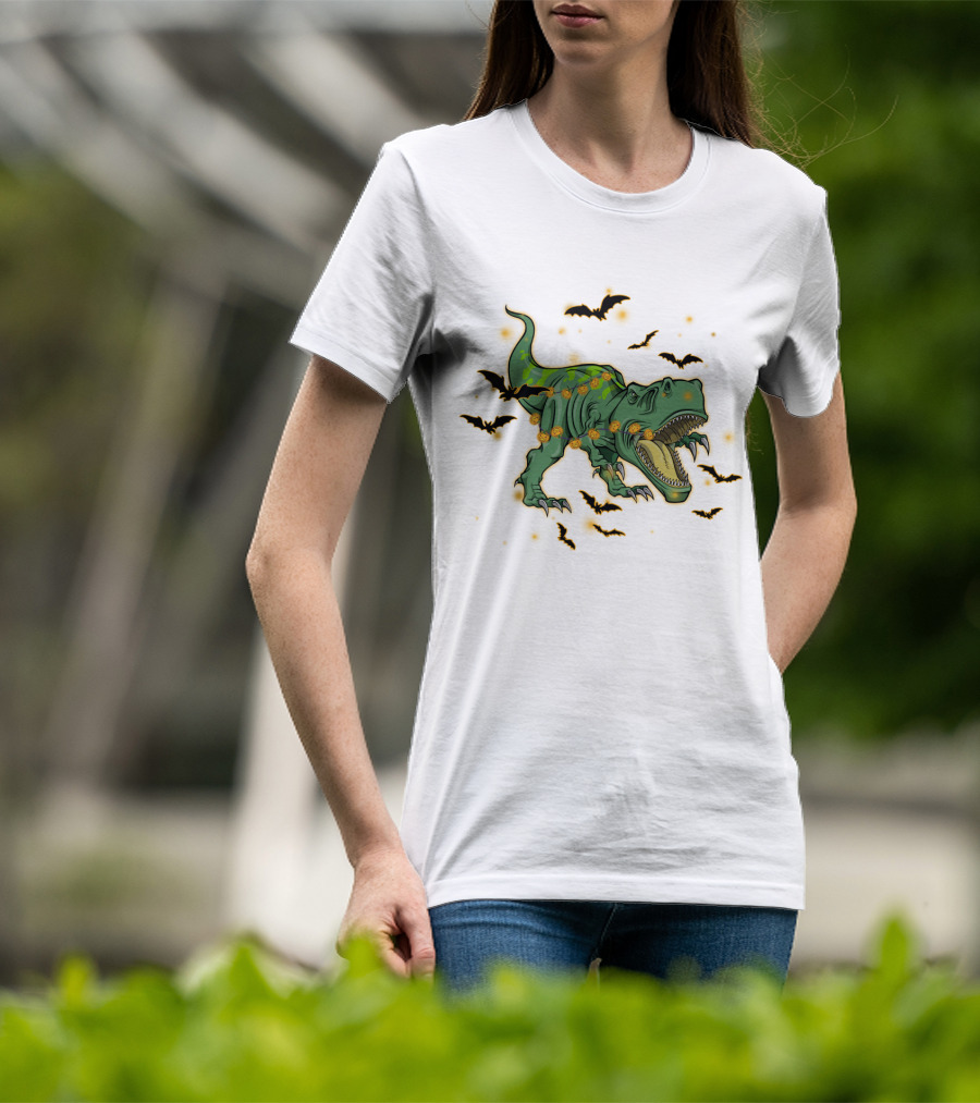 Halloween Saurus Dinosaur With Pumpkin Lights And Flying Bats T-Shirt