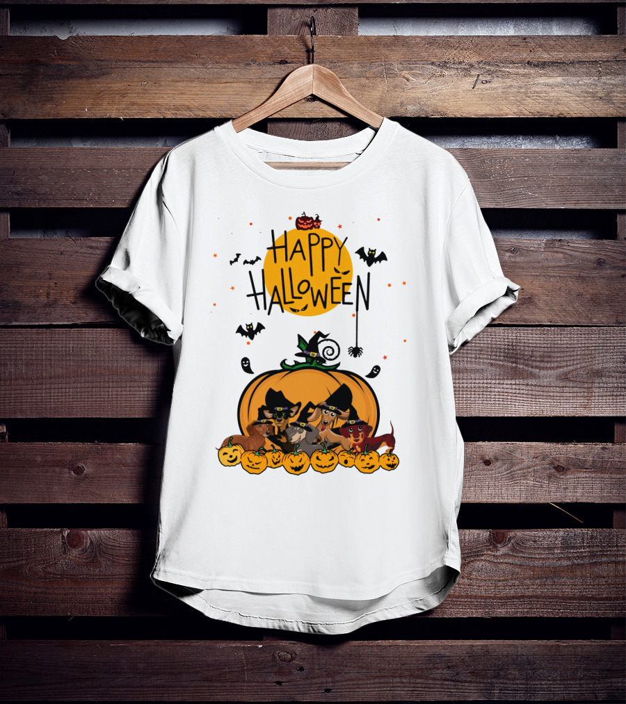 Happy Halloween Dachshunds With Witch Hats And Pumpkins T-Shirt