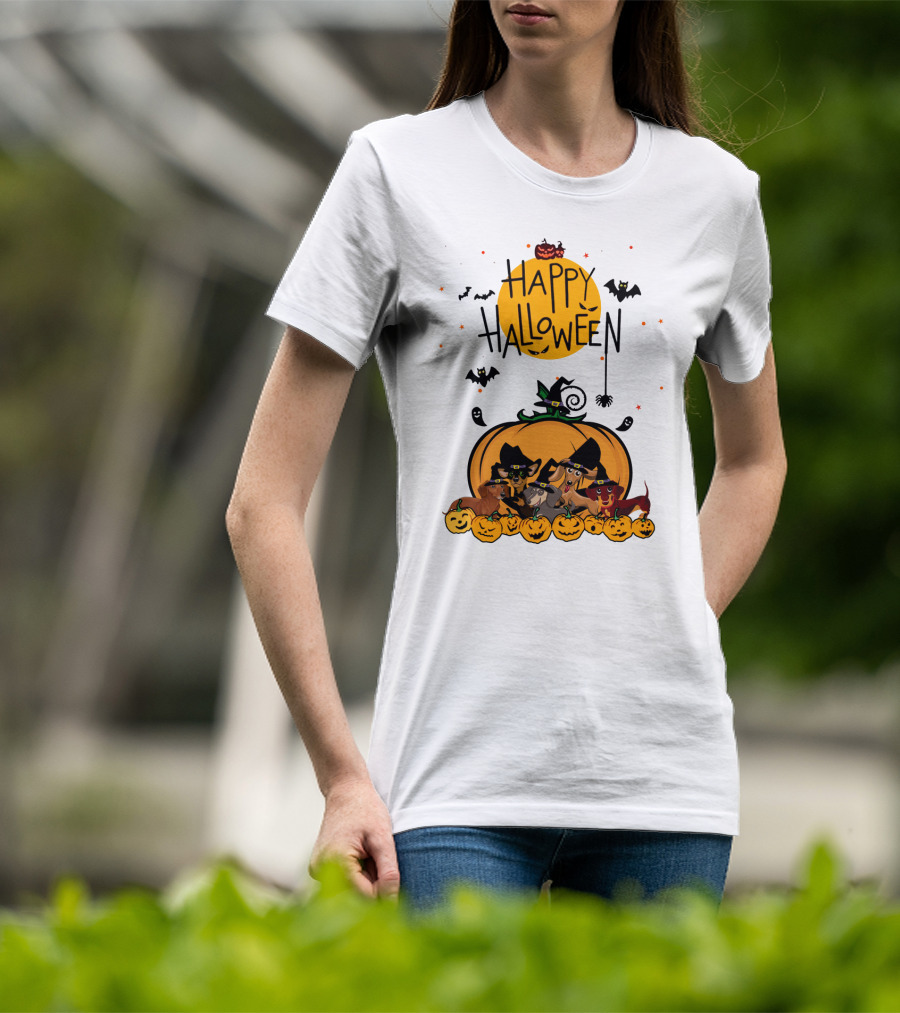 Happy Halloween Dachshunds With Witch Hats And Pumpkins T-Shirt