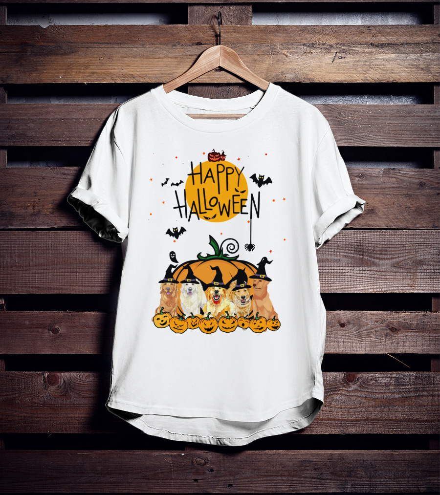 Happy Halloween Golden Retrievers In Witch Hats With Pumpkins T-Shirt
