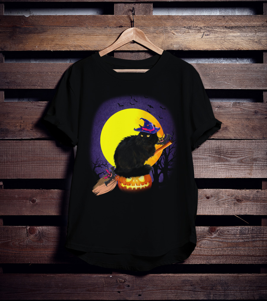 Halloween Cat With Witch Hat On Pumpkin And Broomstick T-Shirt