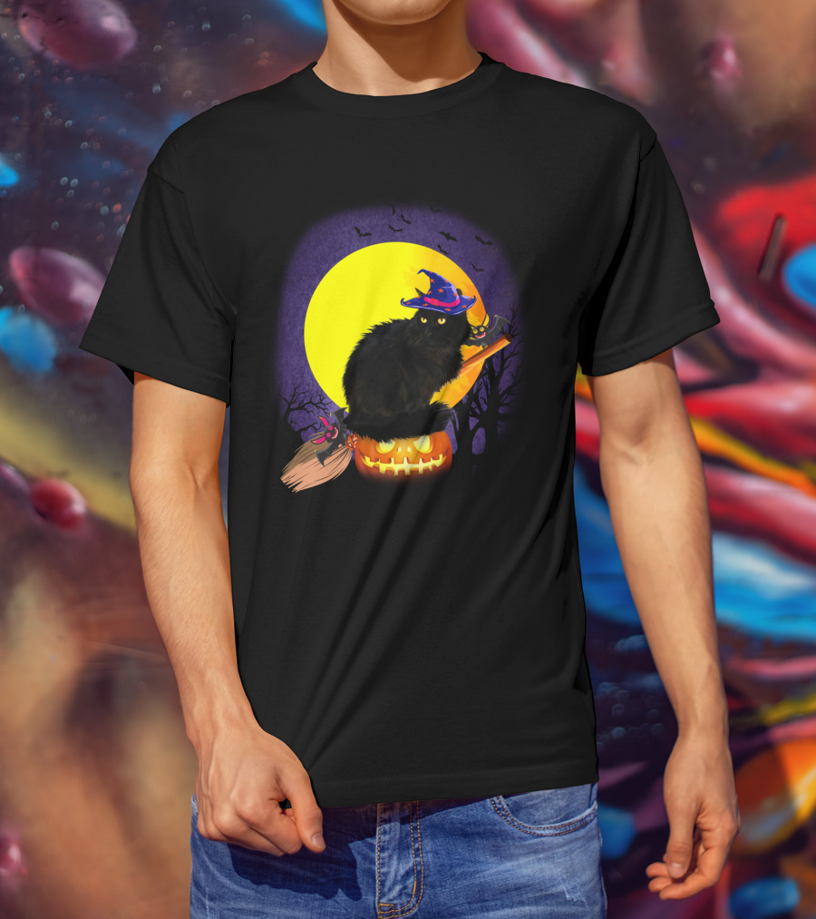 Halloween Cat With Witch Hat On Pumpkin And Broomstick T-Shirt