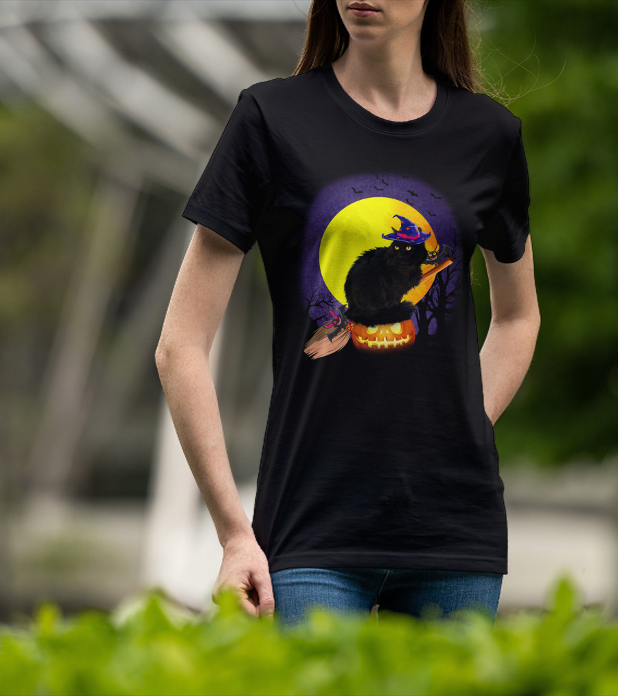 Halloween Cat With Witch Hat On Pumpkin And Broomstick T-Shirt