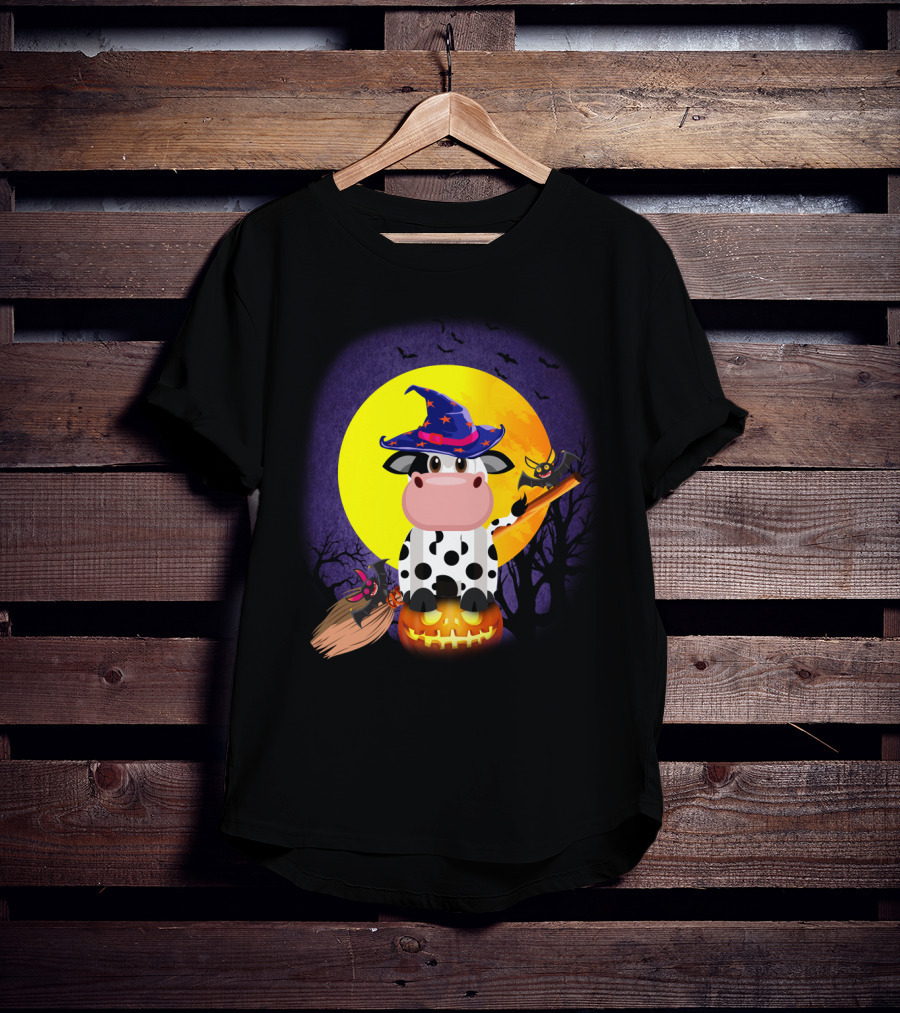 Cow Witch Spooky Halloween Full Moon Scene With Pumpkin And Broomstick T-Shirt