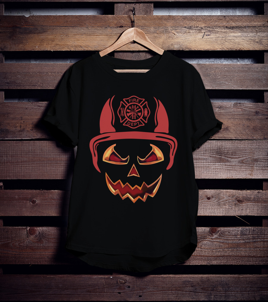 Fire Dept Firefighter Pumpkin Halloween Face T-Shirt