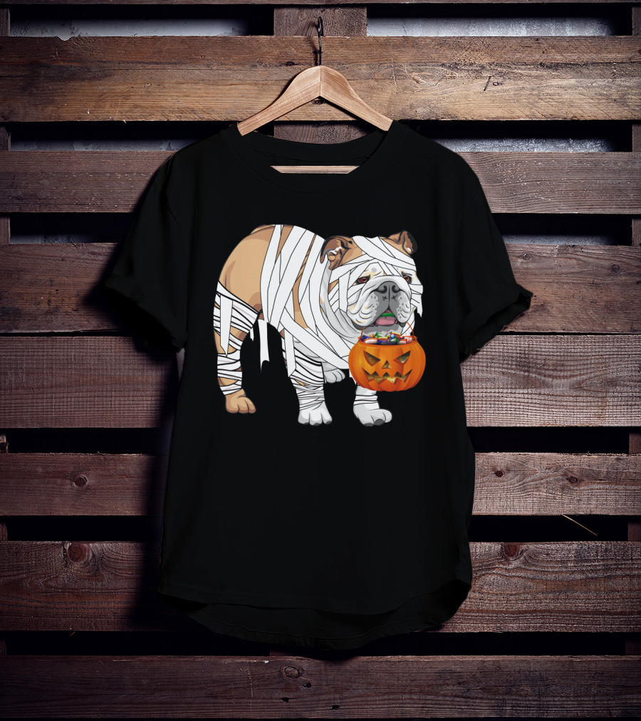 Halloween Bulldog Wrapped As Mummy Holding Pumpkin Candy Bucket T-Shirt