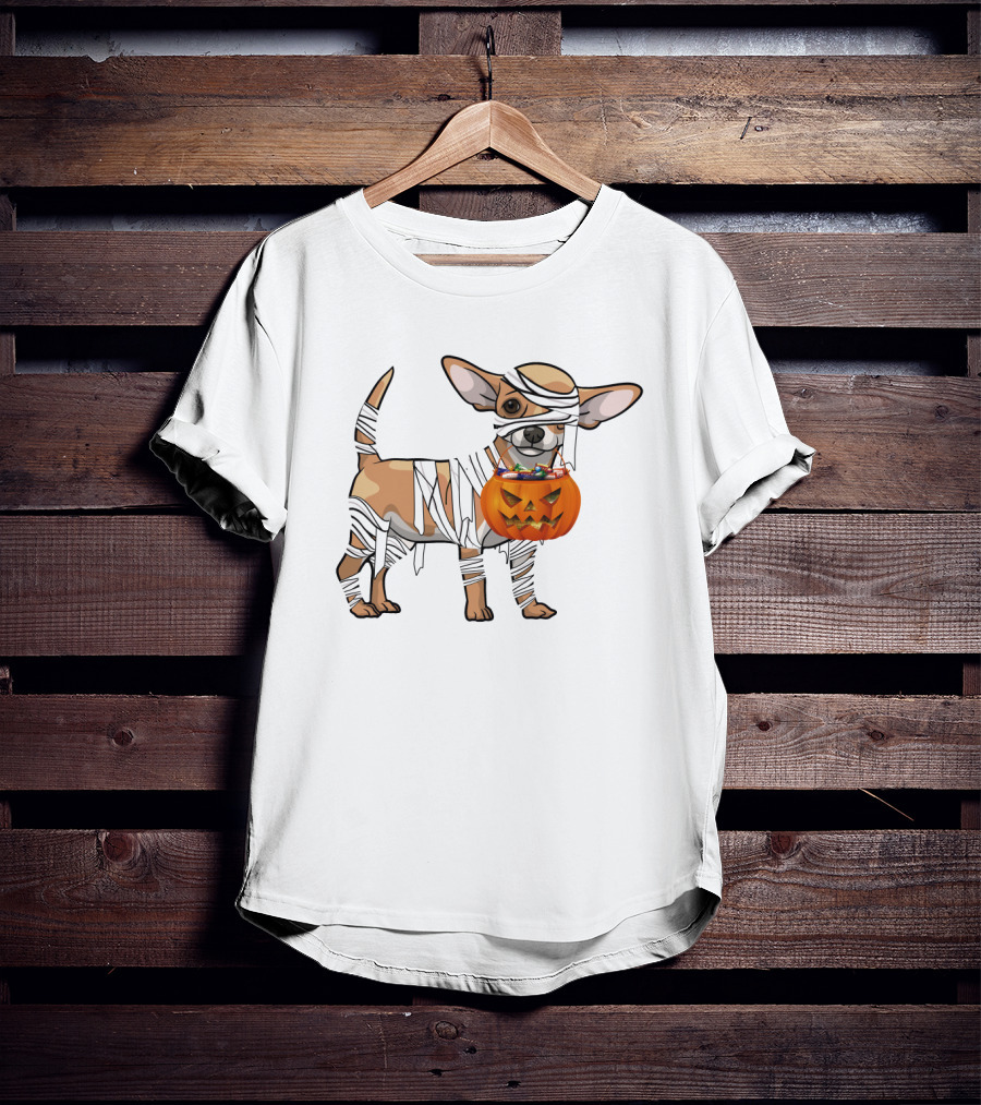 Halloween Wrapped Chihuahua With Pumpkin Bucket T-Shirt