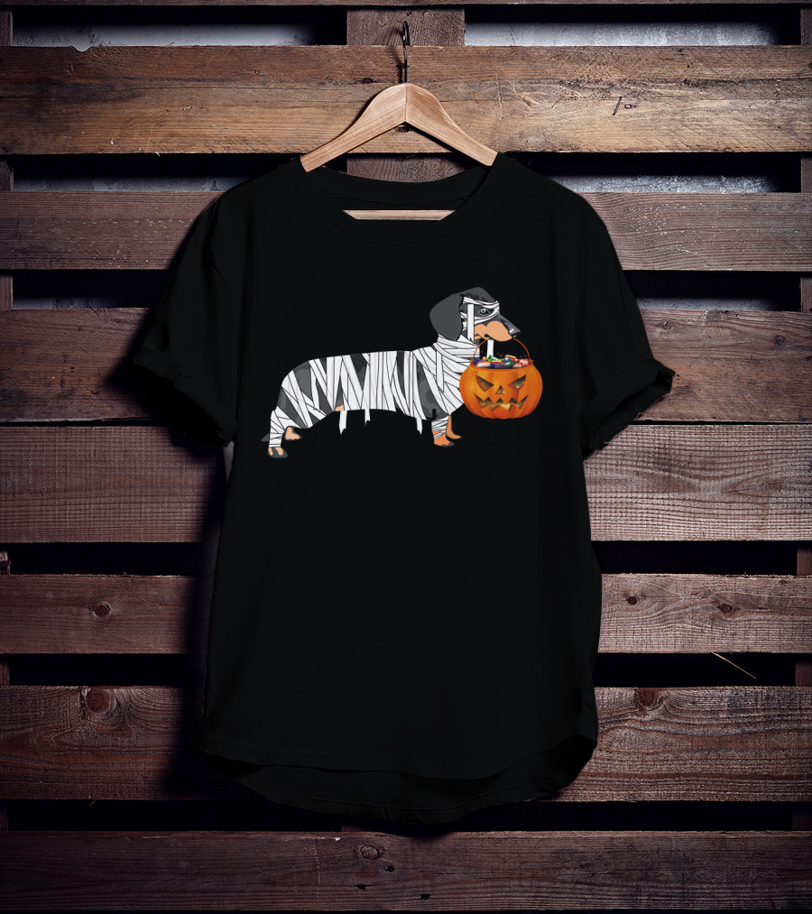 Halloween Pumpkin Mummy Dachshund With Trick-or-Treat Jack-o'-Lantern T-Shirt