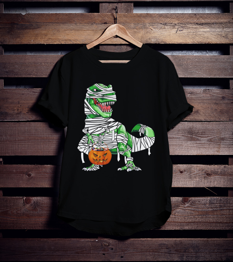 Halloween Pumpkin Mummy Dinosaur With Candy Bucket T-Shirt