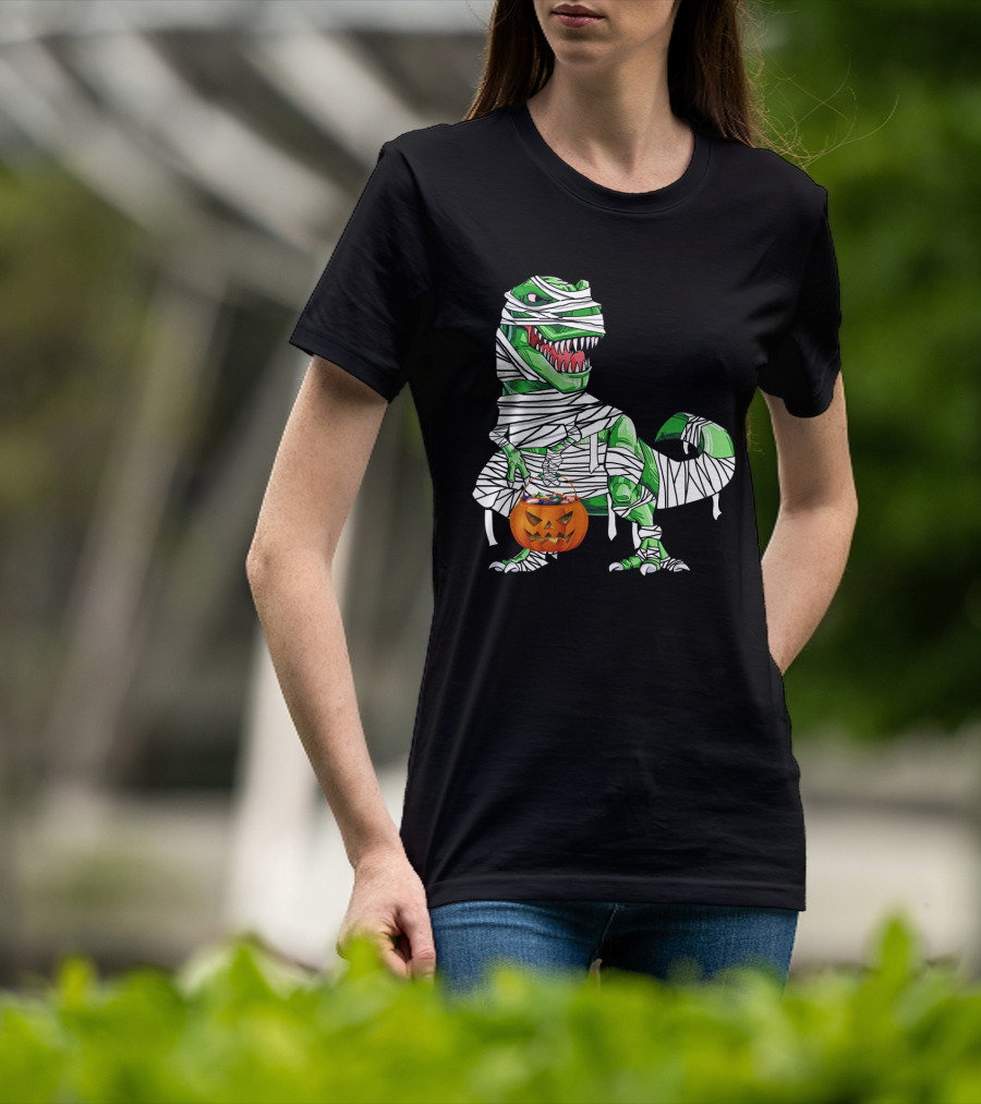 Halloween Pumpkin Mummy Dinosaur With Candy Bucket T-Shirt