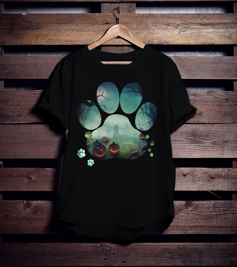 Halloween Paw Print With Spooky Jack-O-Lanterns In Haunted Forest T-Shirt