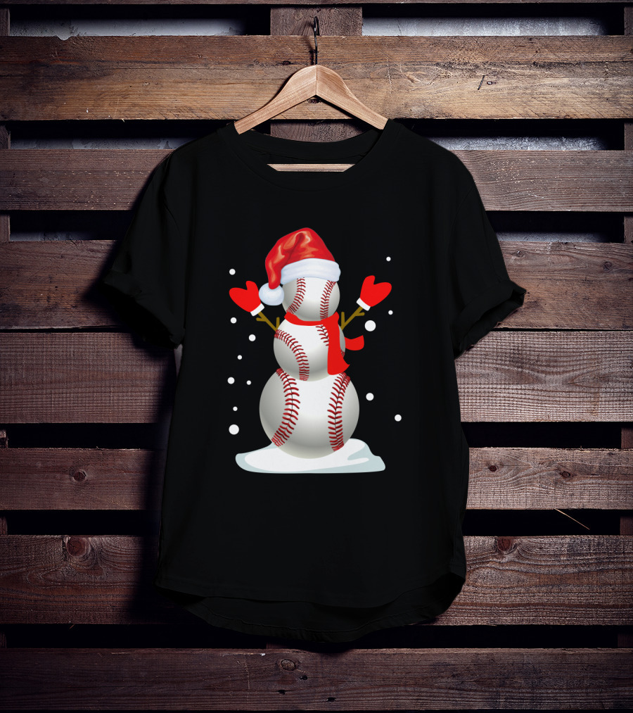 Baseball-Themed Snowman With Santa Hat And Mittens Winter Holiday T-Shirt