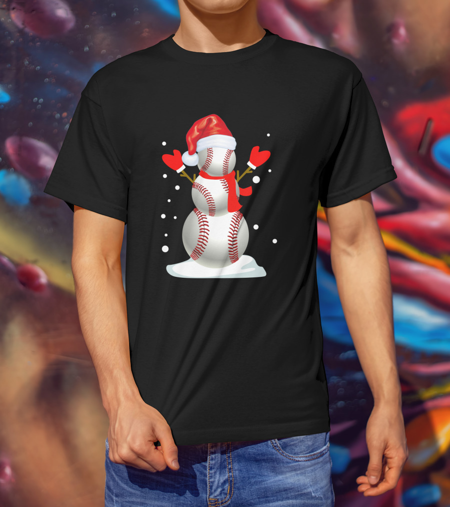 Baseball-Themed Snowman With Santa Hat And Mittens Winter Holiday T-Shirt