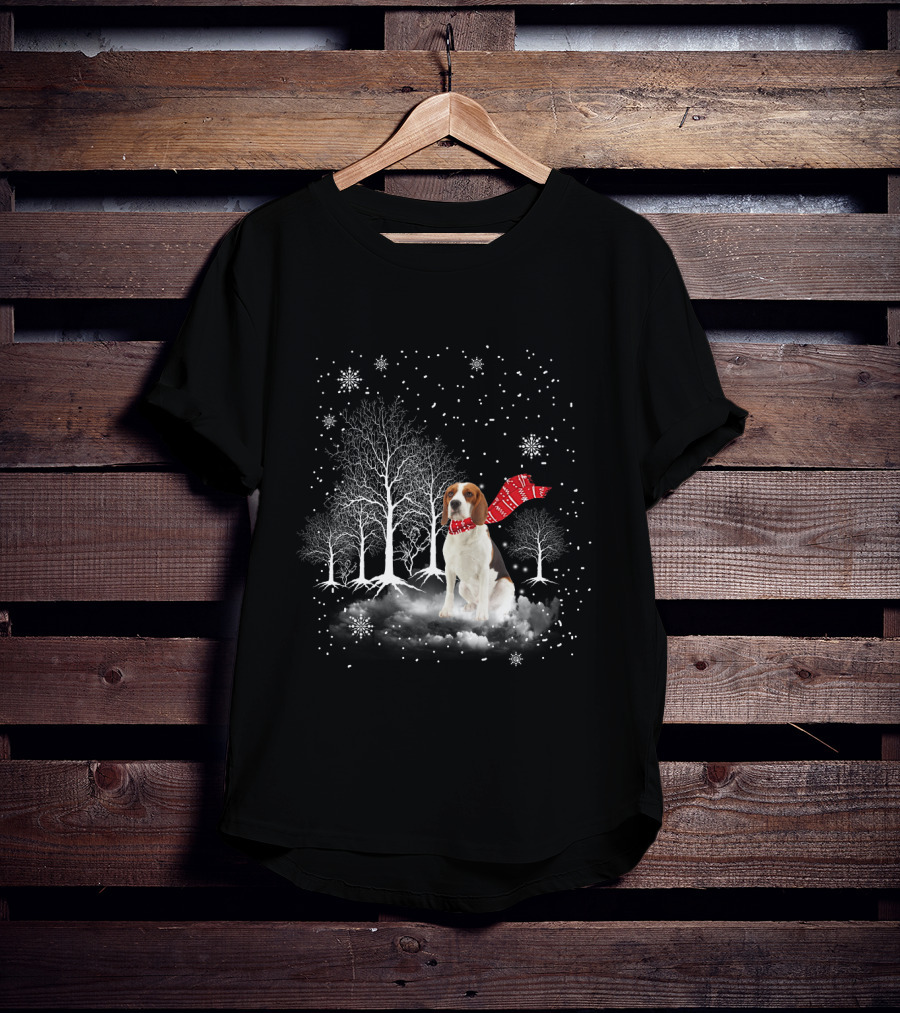 Basset Hound Winter Wonderland Snowy Trees Red Scarf T-Shirt