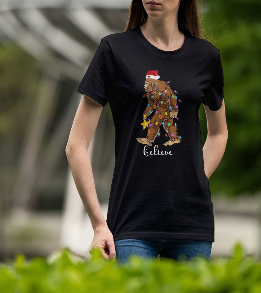 Bigfoot Christmas Lights Believe With Santa Hat And Star T-Shirt