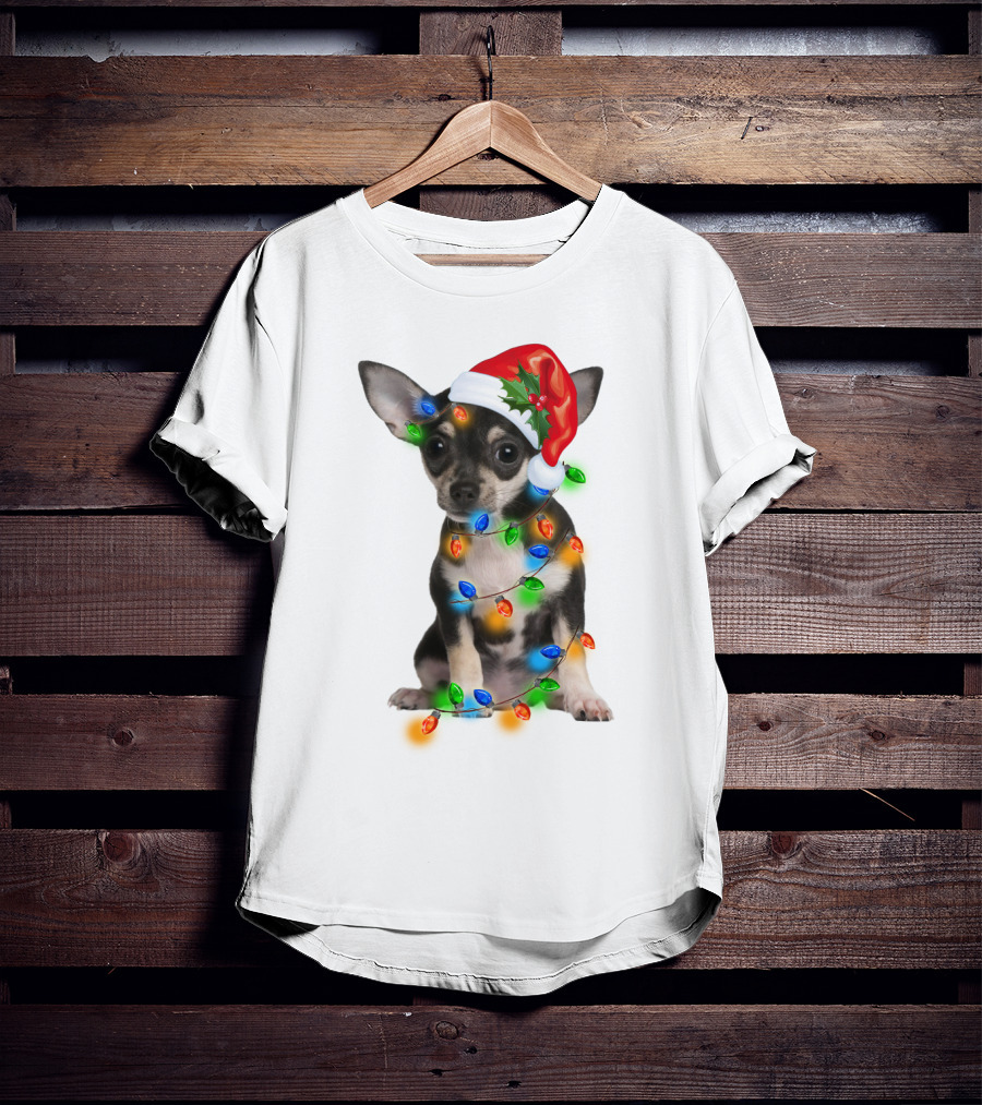 Black Chihuahua Wearing Santa Hat Wrapped In Colorful Christmas Lights T-Shirt