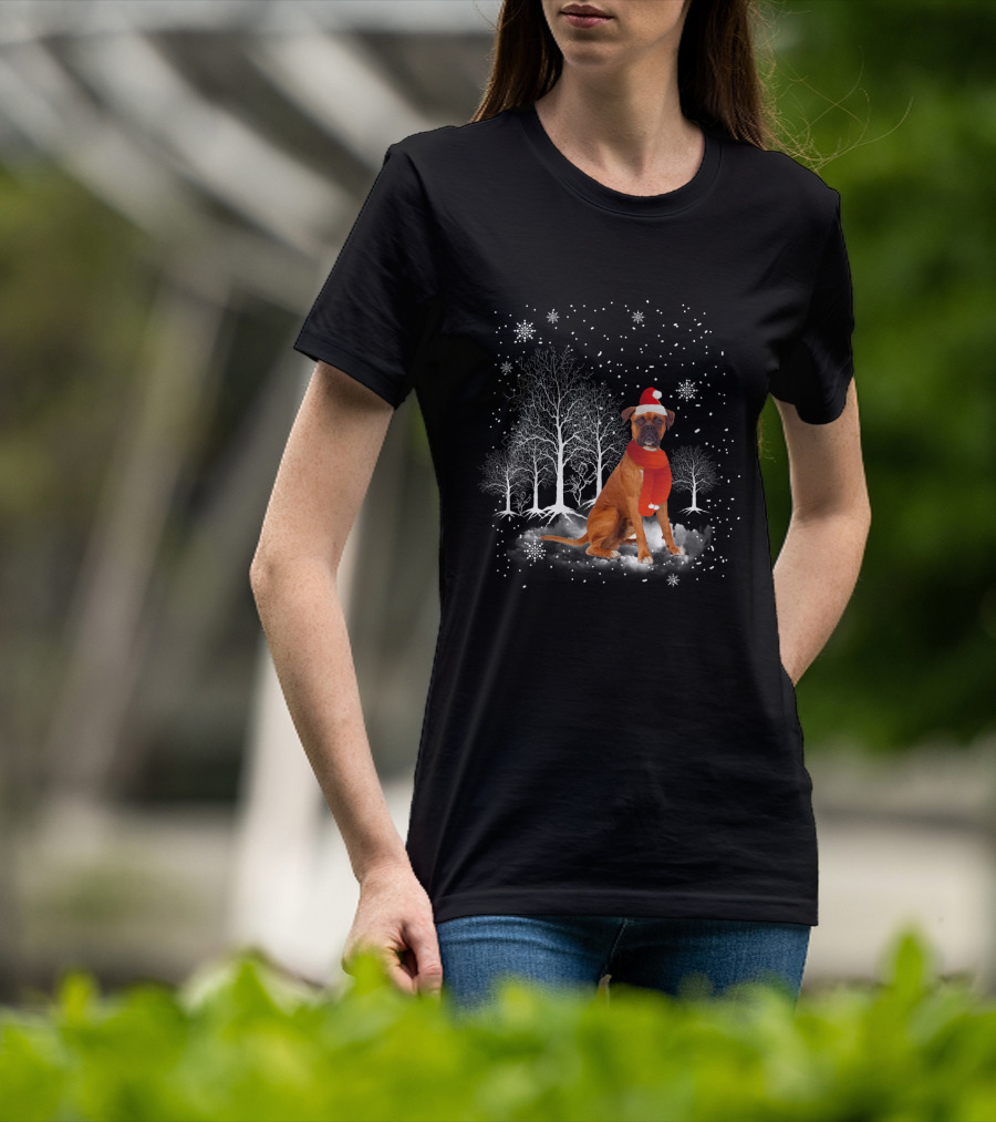 Boxer Dog With Santa Hat And Scarf In Snowy Winter Wonderland Scene T-Shirt